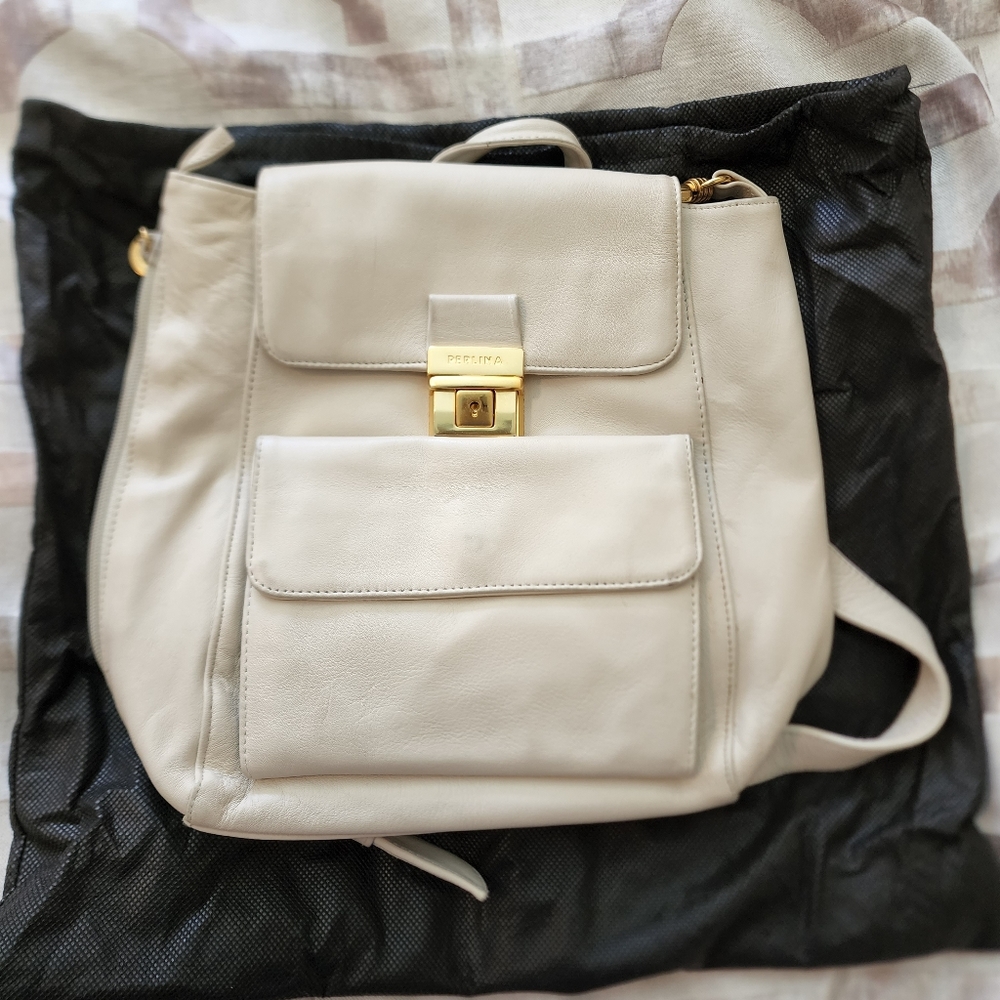 Perlina Cream Leather Backpack Purse